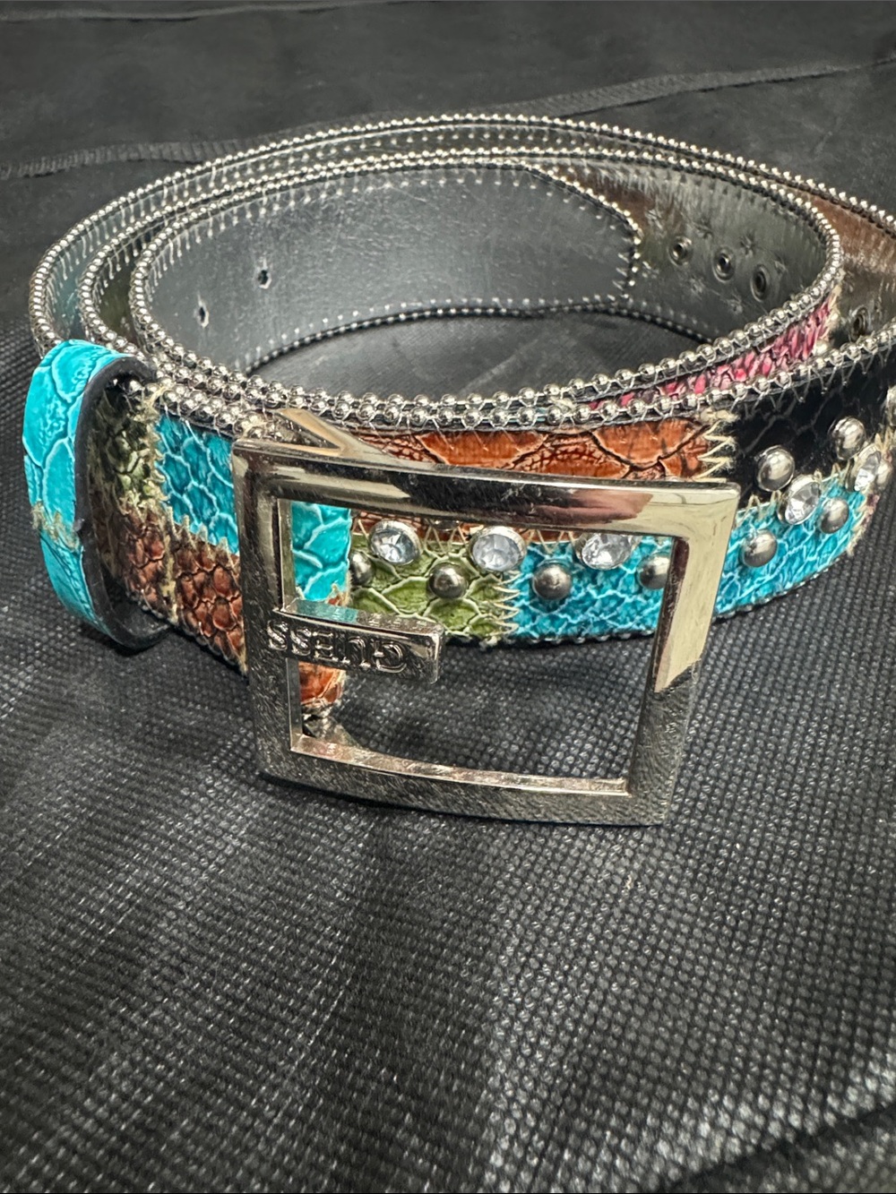 GUESS Turquoise Multi-Color Studded Women's Belt with Rhinestone Accent